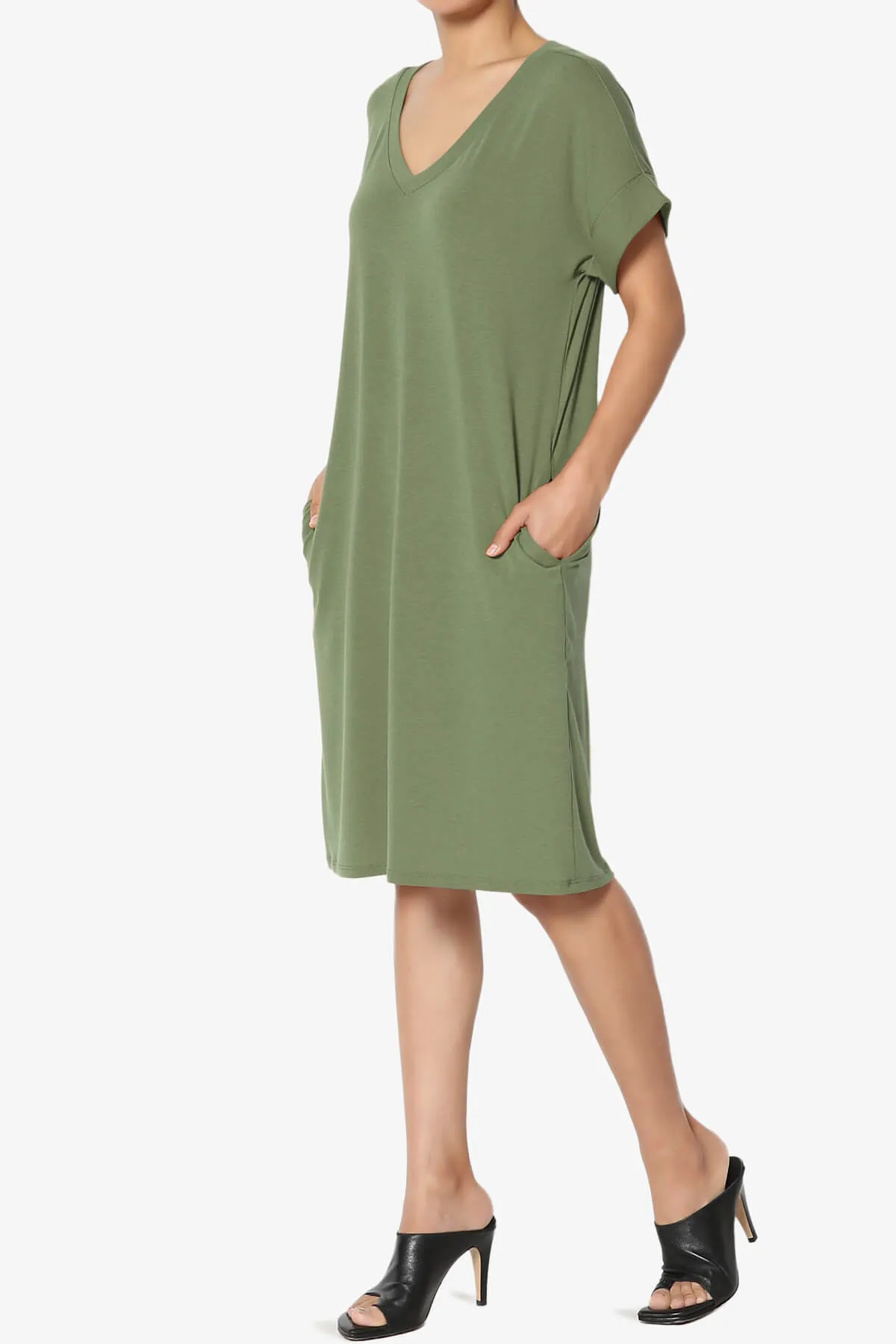 Cliff Rolled Short Sleeve V-Neck Dress PLUS