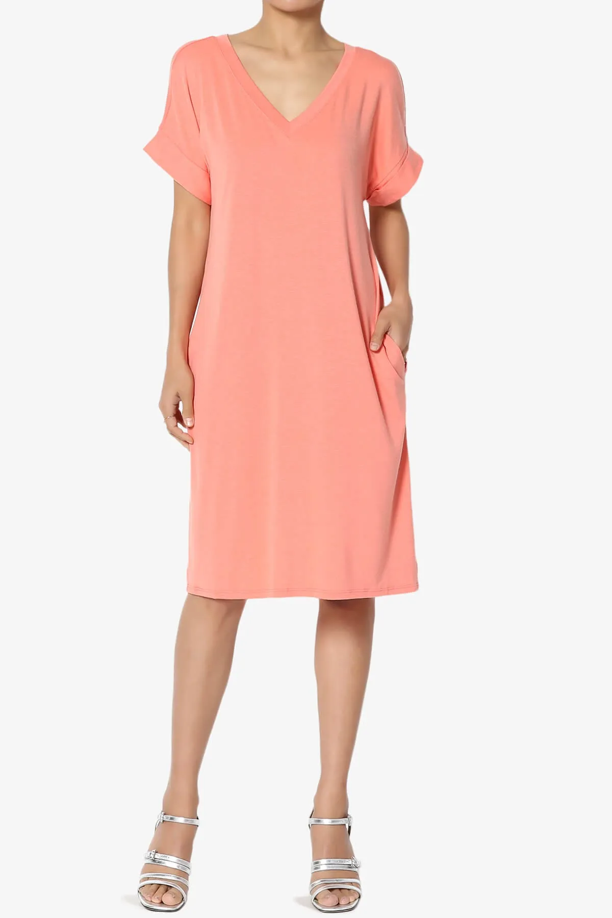 Cliff Rolled Short Sleeve V-Neck Dress PLUS