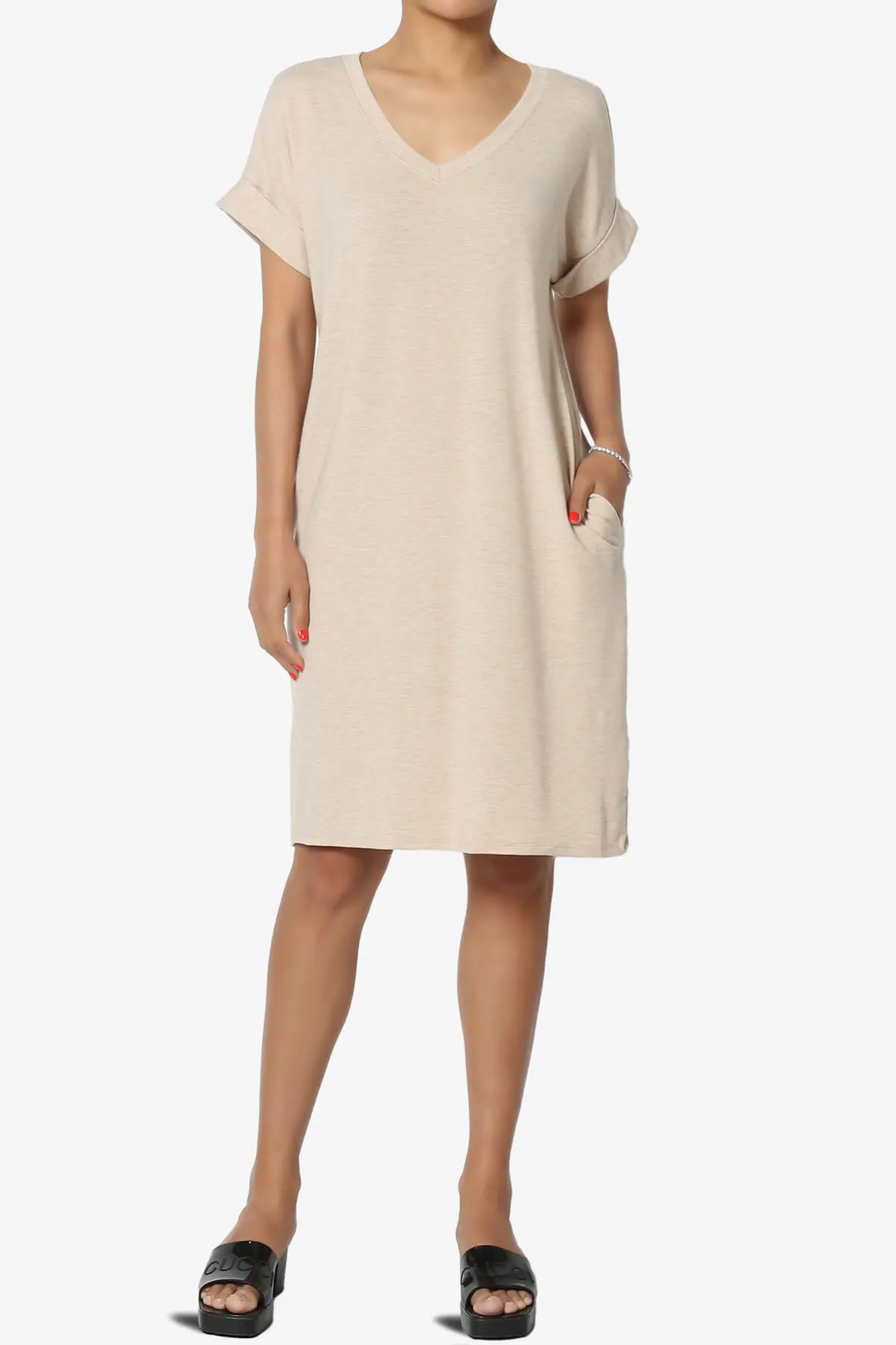 Cliff Rolled Short Sleeve V-Neck Dress PLUS