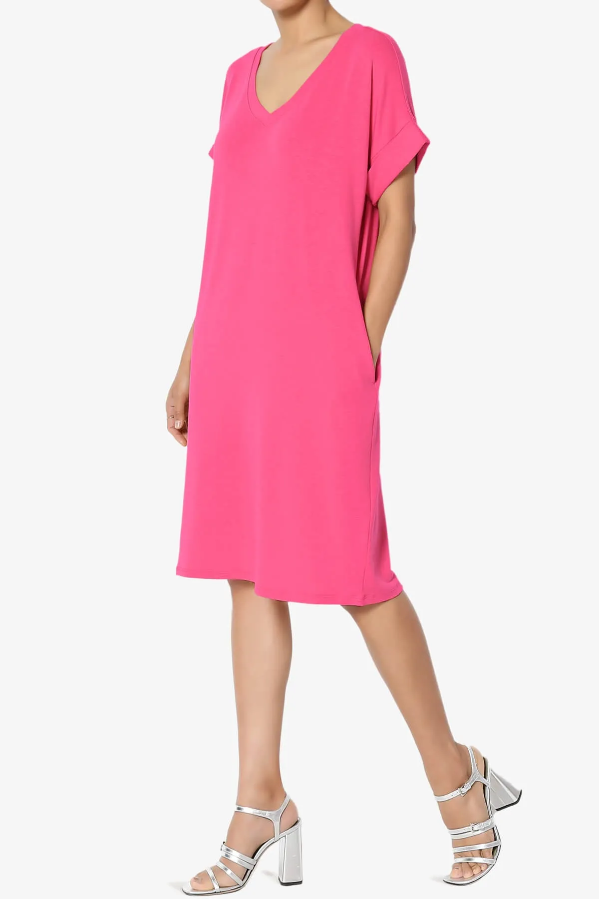 Cliff Rolled Short Sleeve V-Neck Dress PLUS