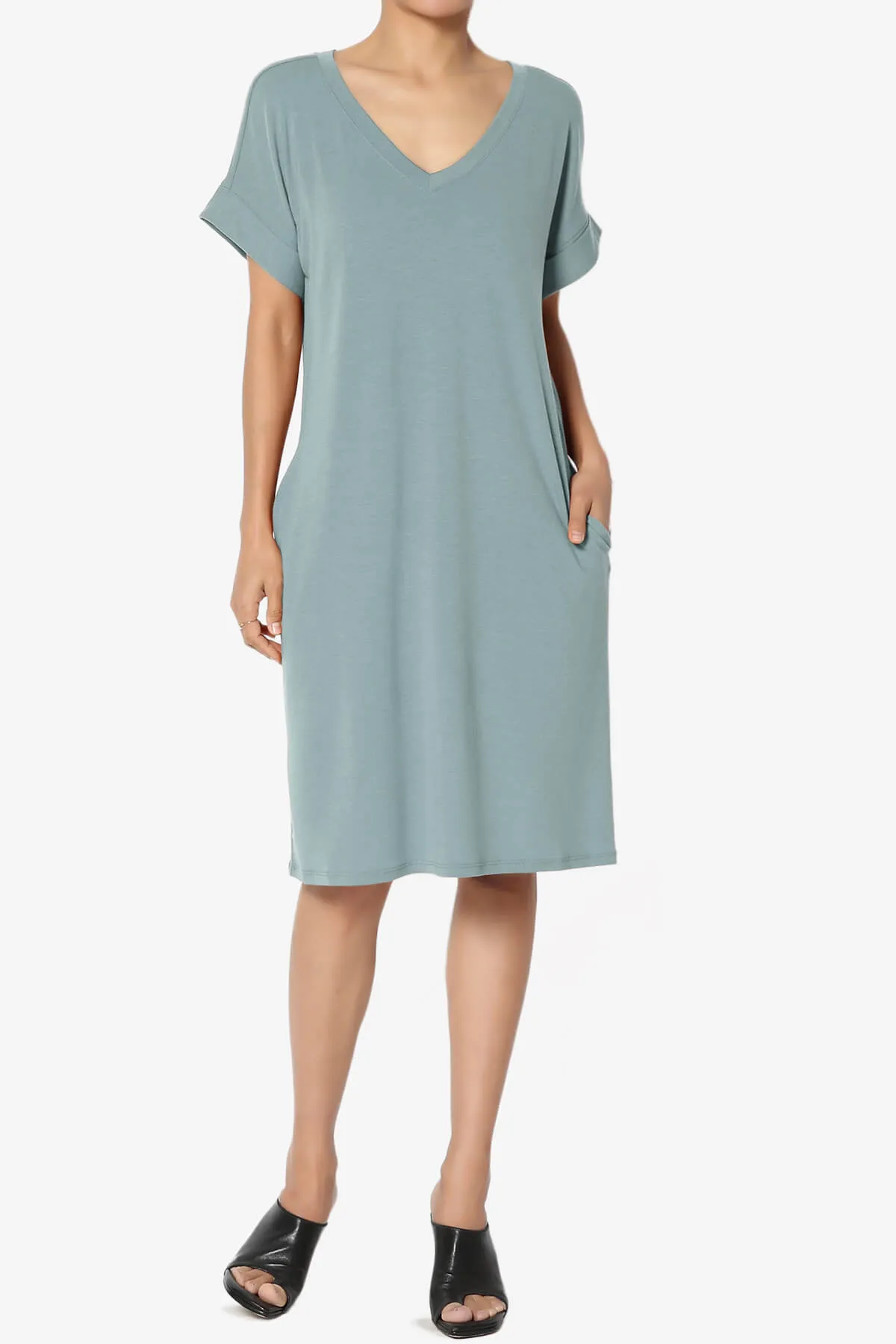 Cliff Rolled Short Sleeve V-Neck Dress PLUS