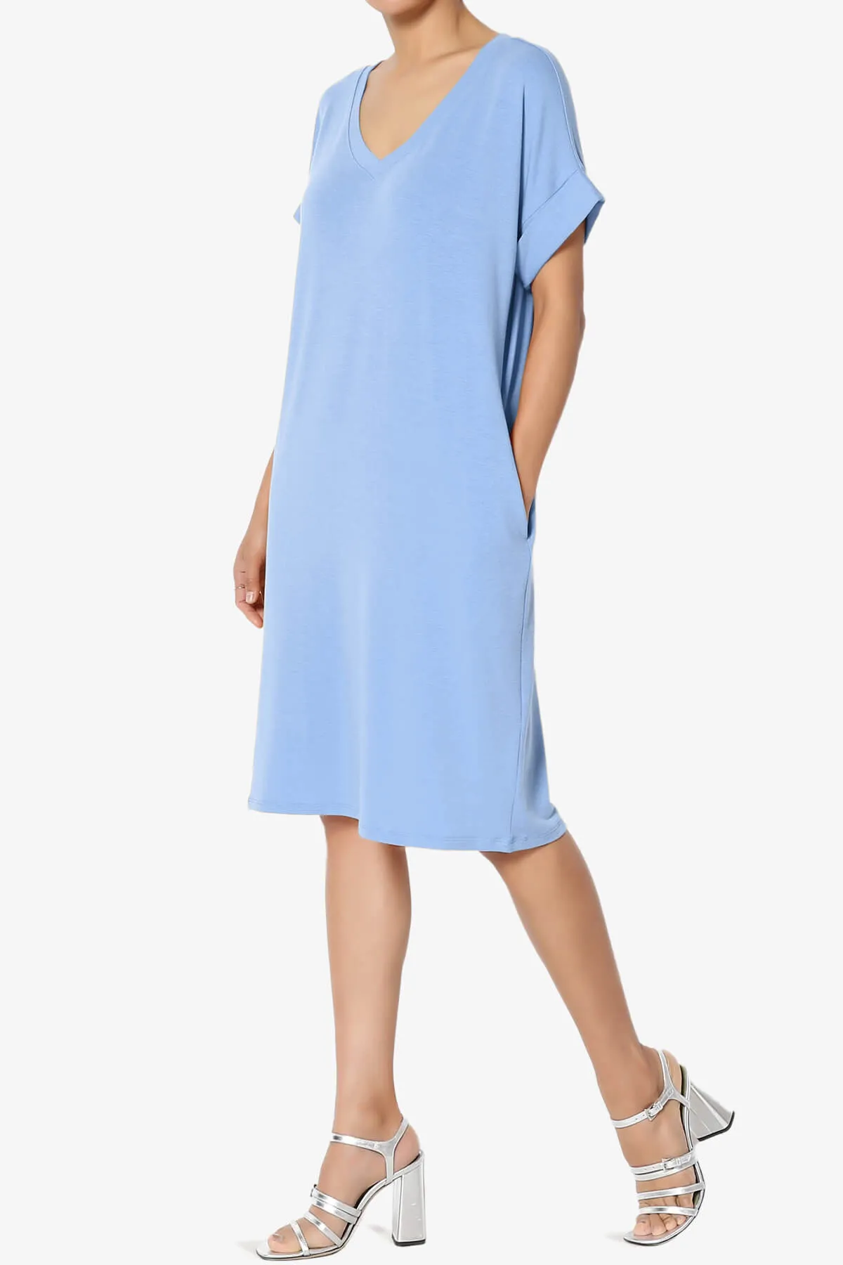 Cliff Rolled Short Sleeve V-Neck Dress PLUS