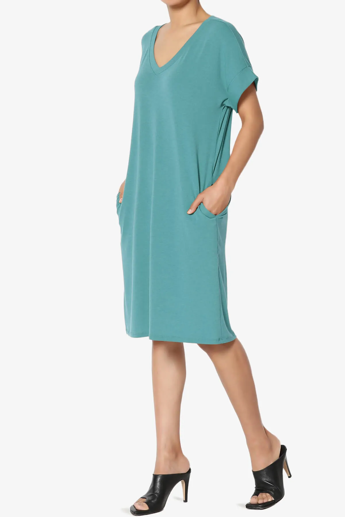 Cliff Rolled Short Sleeve V-Neck Dress PLUS