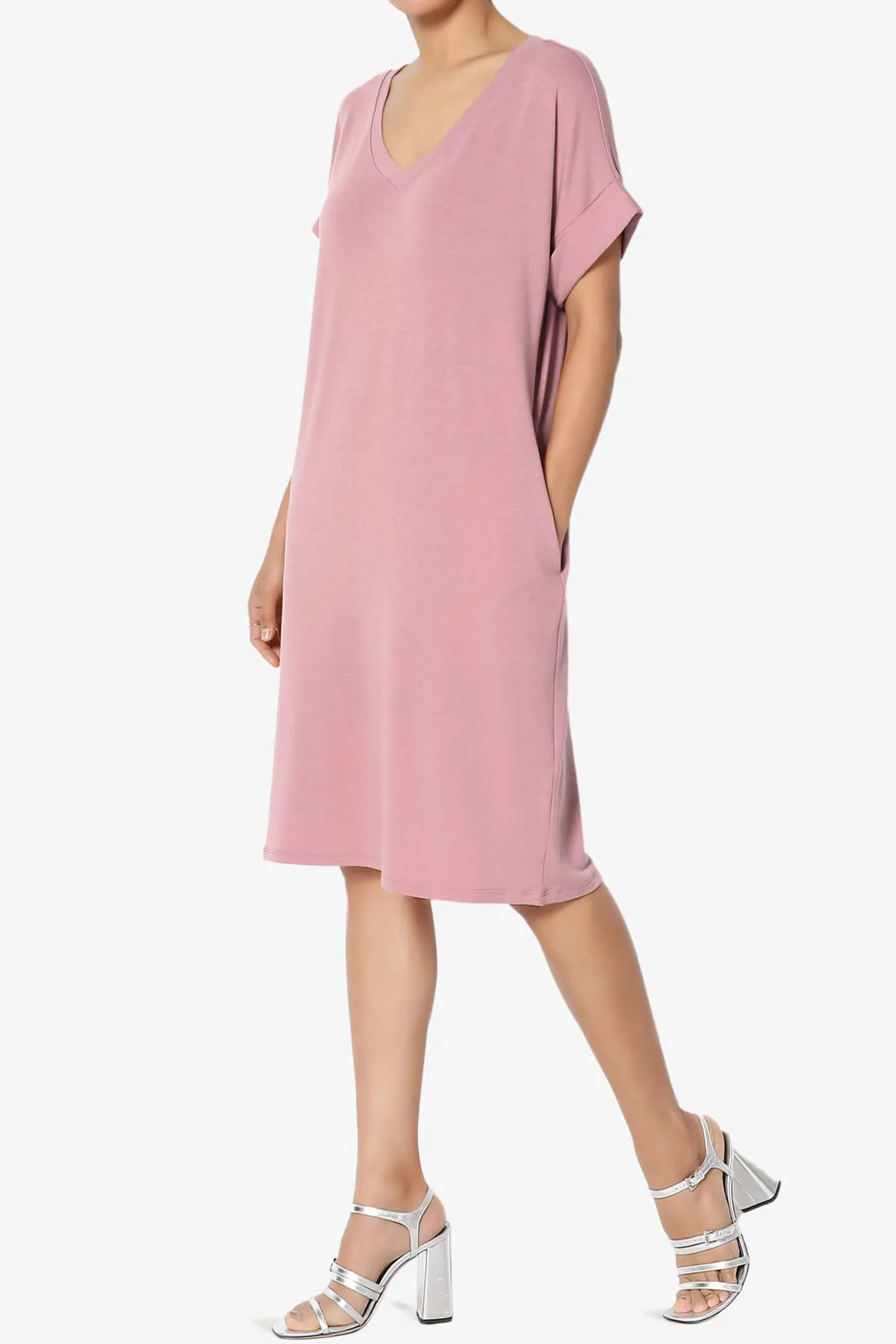 Cliff Rolled Short Sleeve V-Neck Dress PLUS