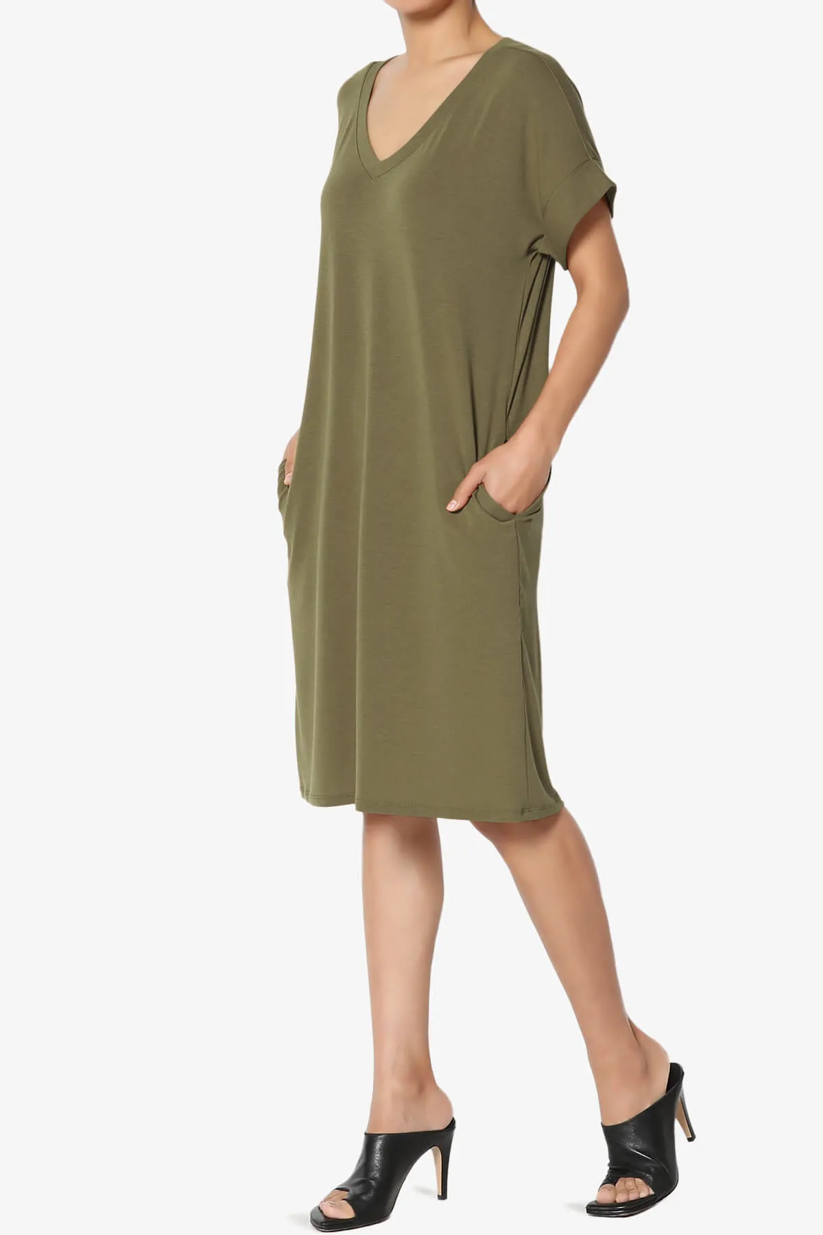Cliff Rolled Short Sleeve V-Neck Dress PLUS