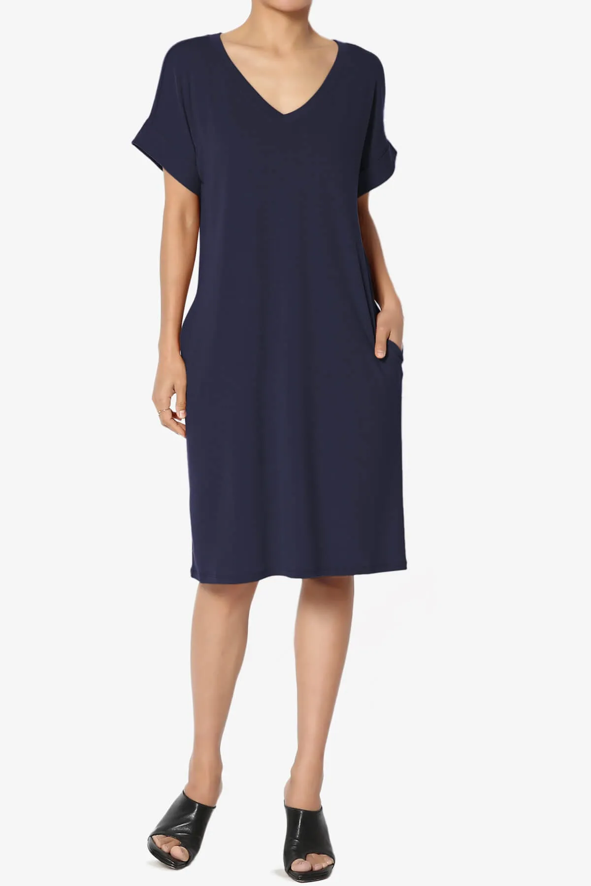 Cliff Rolled Short Sleeve V-Neck Dress PLUS