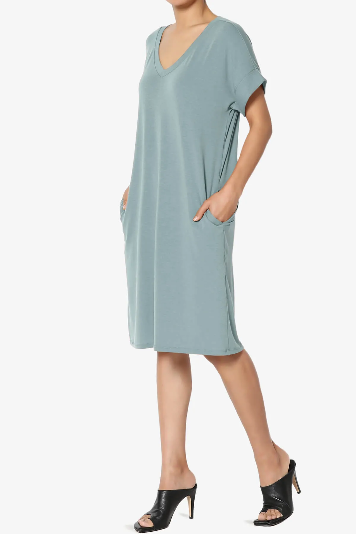 Cliff Rolled Short Sleeve V-Neck Dress PLUS