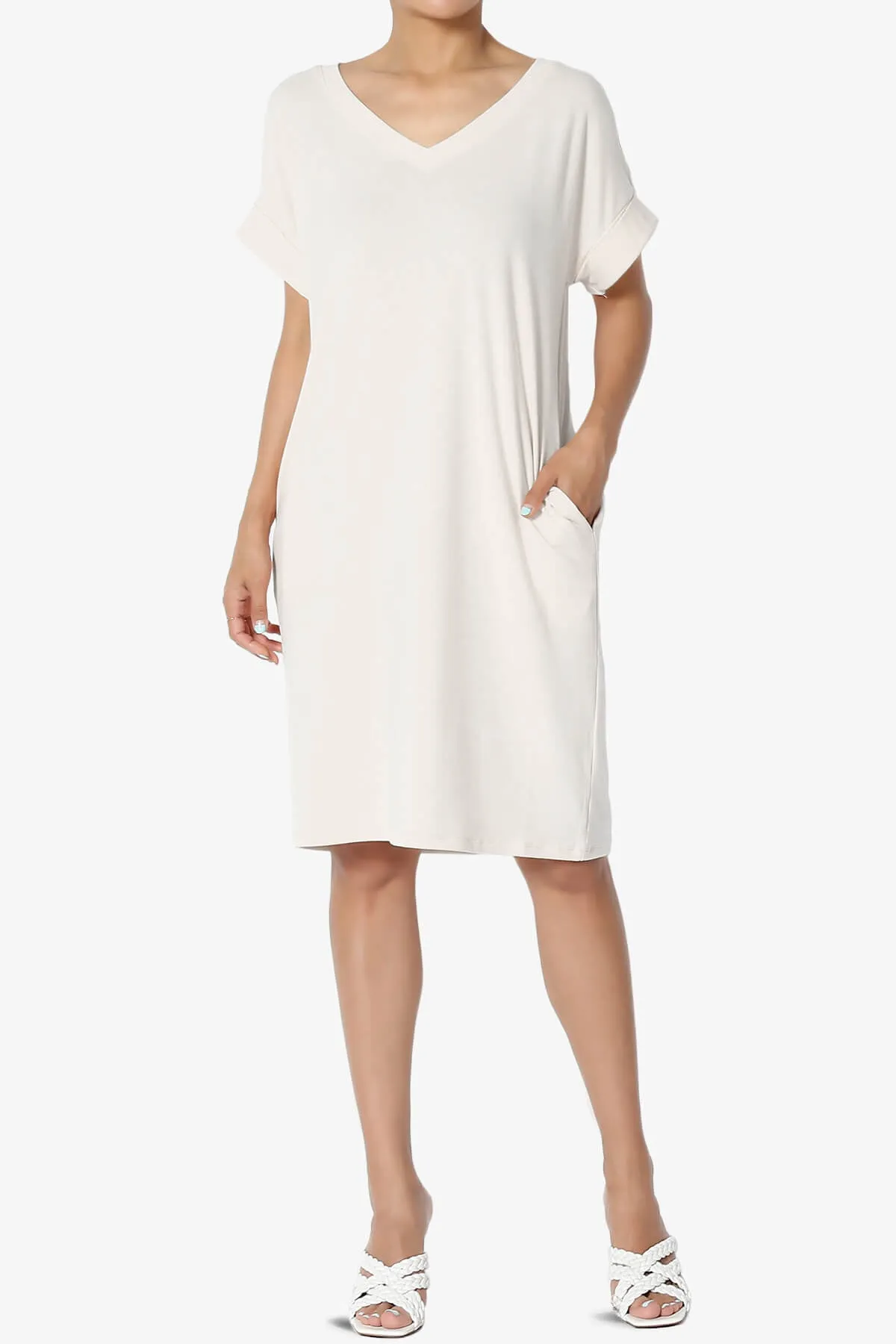 Cliff Rolled Short Sleeve V-Neck Dress PLUS