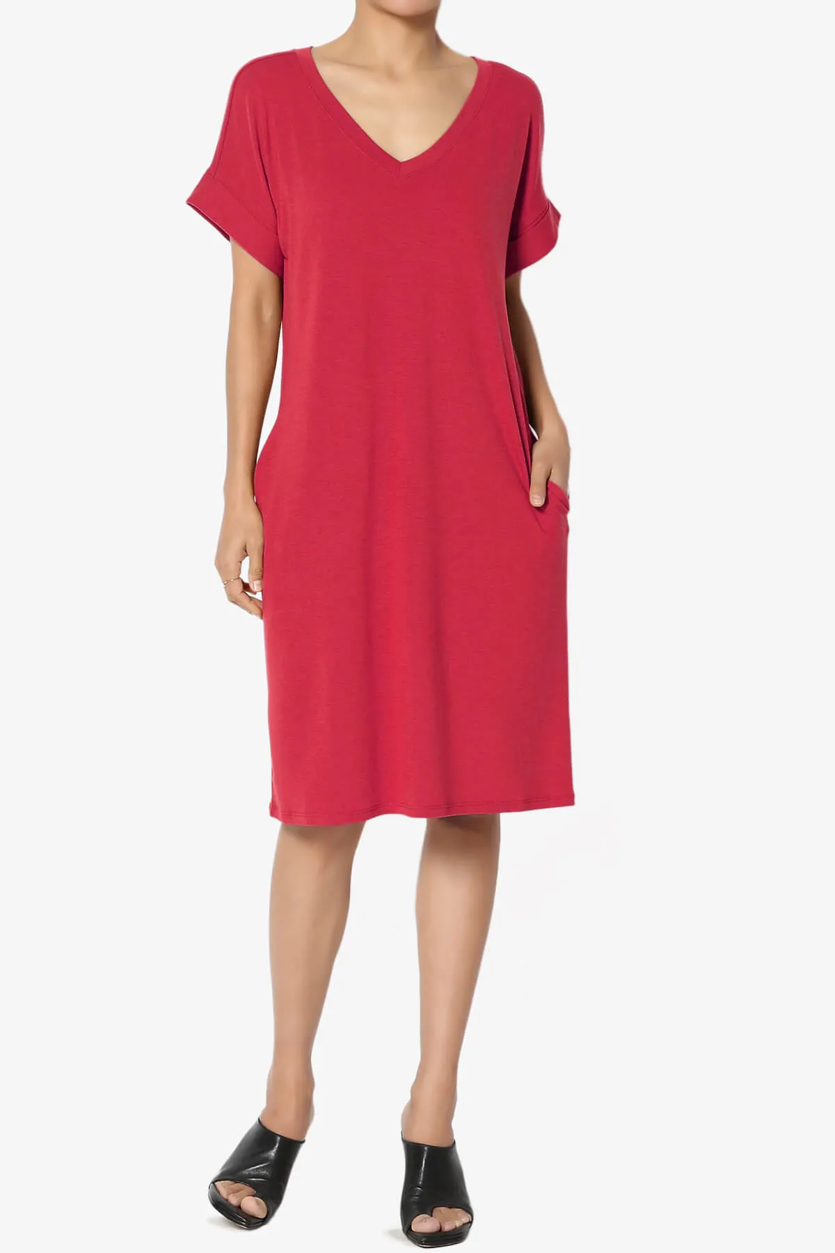 Cliff Rolled Short Sleeve V-Neck Dress PLUS