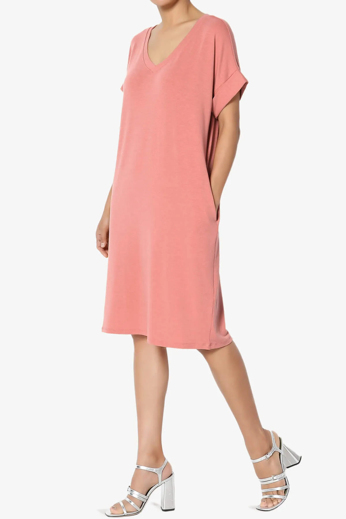 Cliff Rolled Short Sleeve V-Neck Dress PLUS
