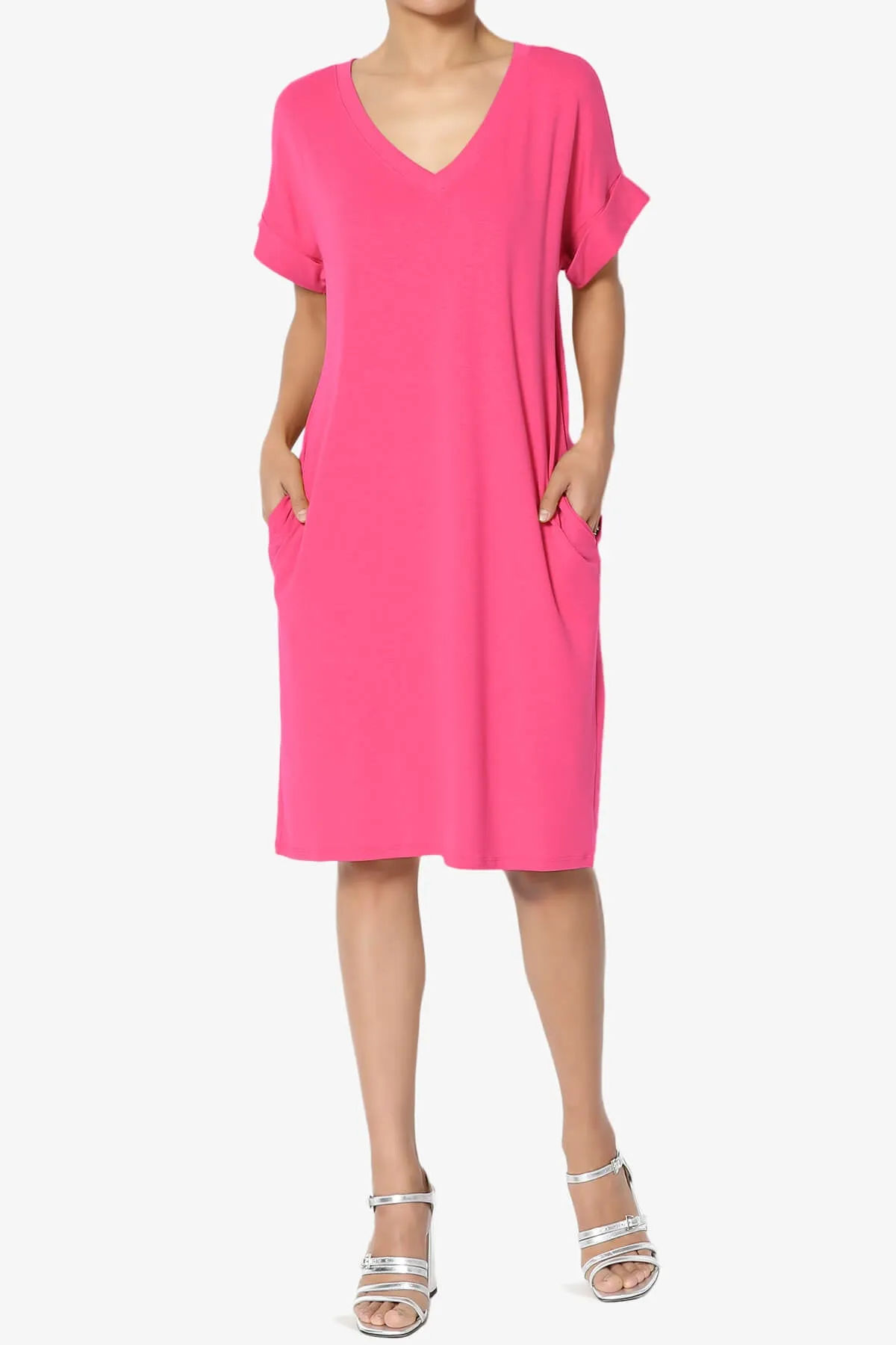 Cliff Rolled Short Sleeve V-Neck Dress PLUS