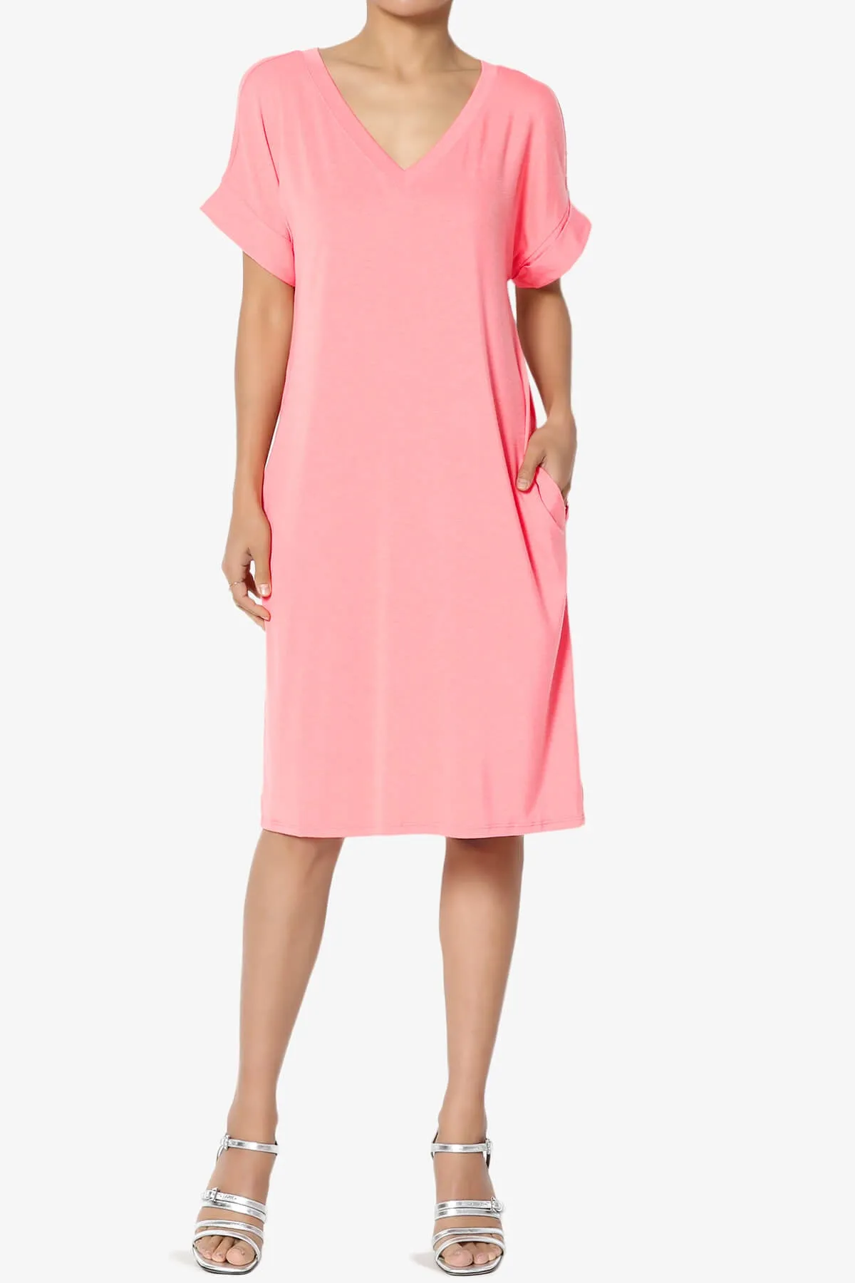 Cliff Rolled Short Sleeve V-Neck Dress PLUS