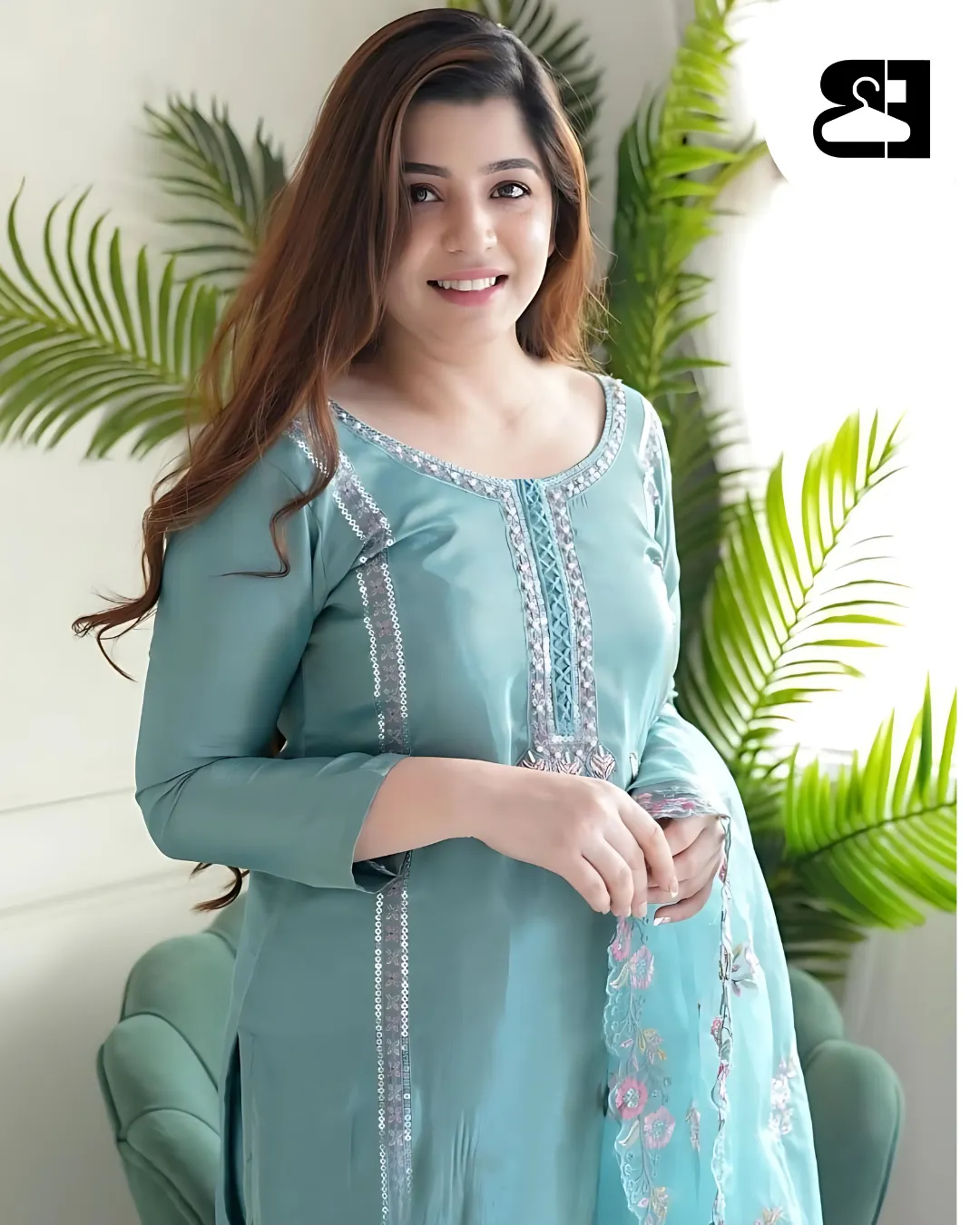 Elegant Chinon Silk Embroidered Kurti Set with Dupatta