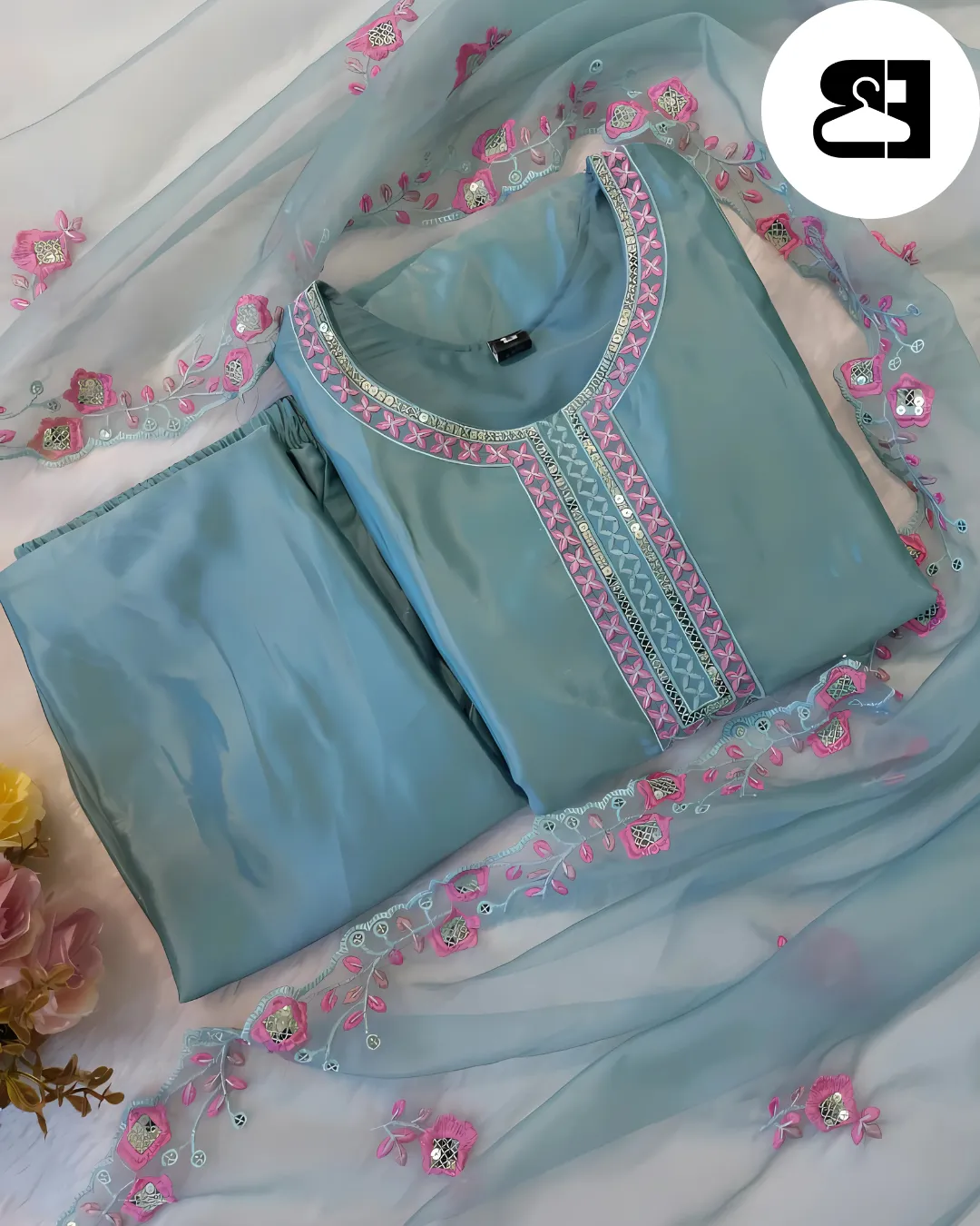 Elegant Chinon Silk Embroidered Kurti Set with Dupatta