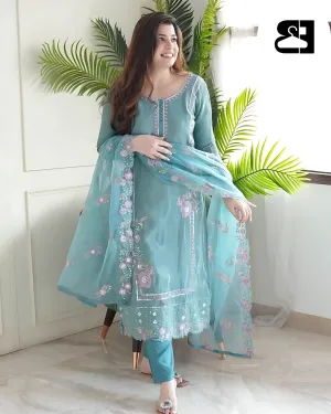 Elegant Chinon Silk Embroidered Kurti Set with Dupatta