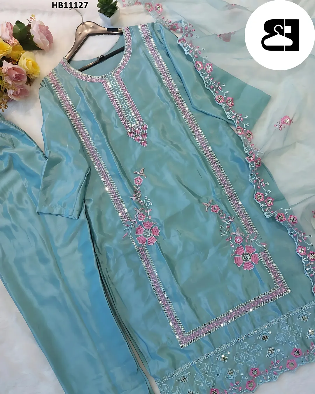 Elegant Chinon Silk Embroidered Kurti Set with Dupatta