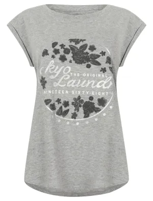 Emia Cotton T-Shirt with Turn-Up Sleeves In Light Grey Marl - Tokyo Laundry