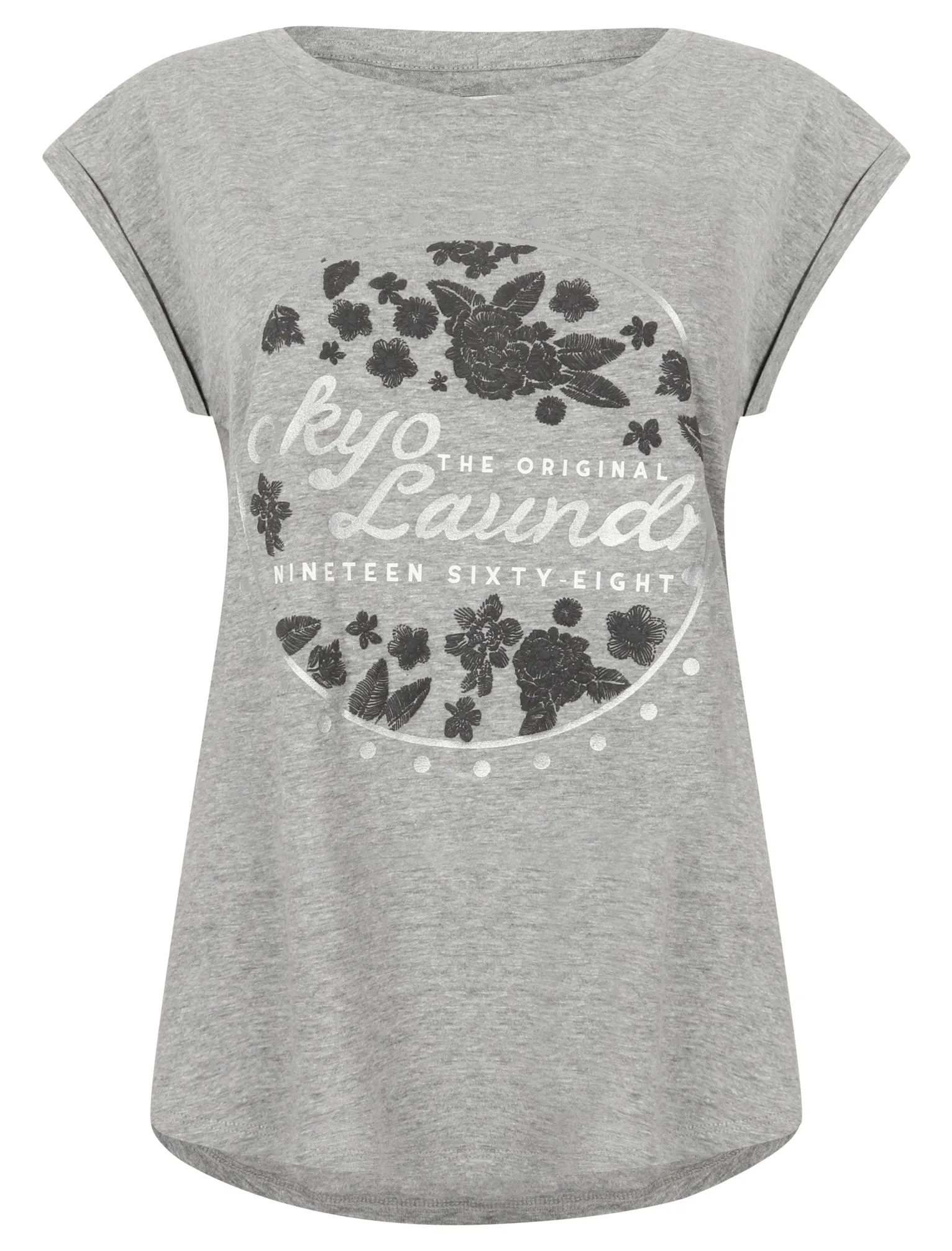 Emia Cotton T-Shirt with Turn-Up Sleeves In Light Grey Marl - Tokyo Laundry