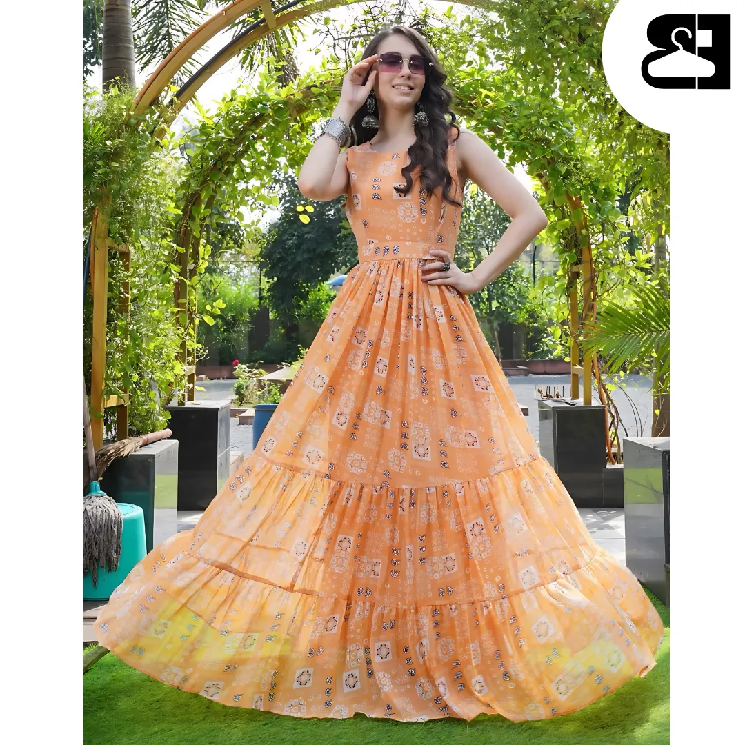 Floral Fit & Flare Georgette Maxi Gown with Belt