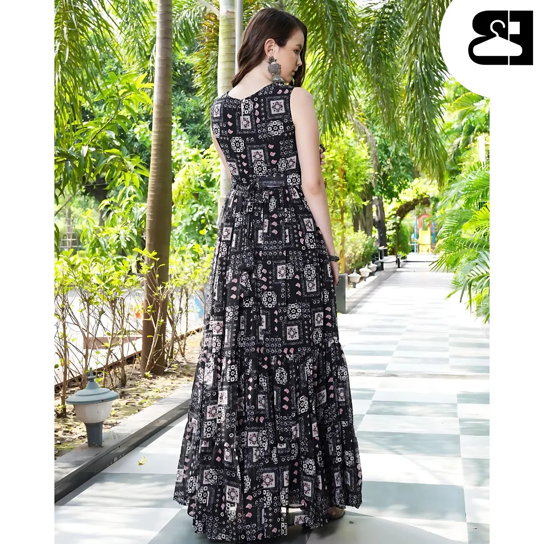 Floral Fit & Flare Georgette Maxi Gown with Belt