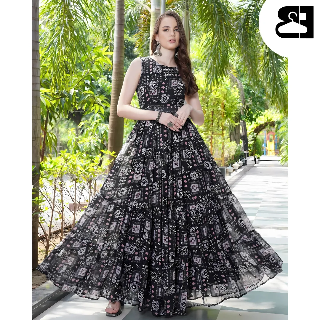Floral Fit & Flare Georgette Maxi Gown with Belt