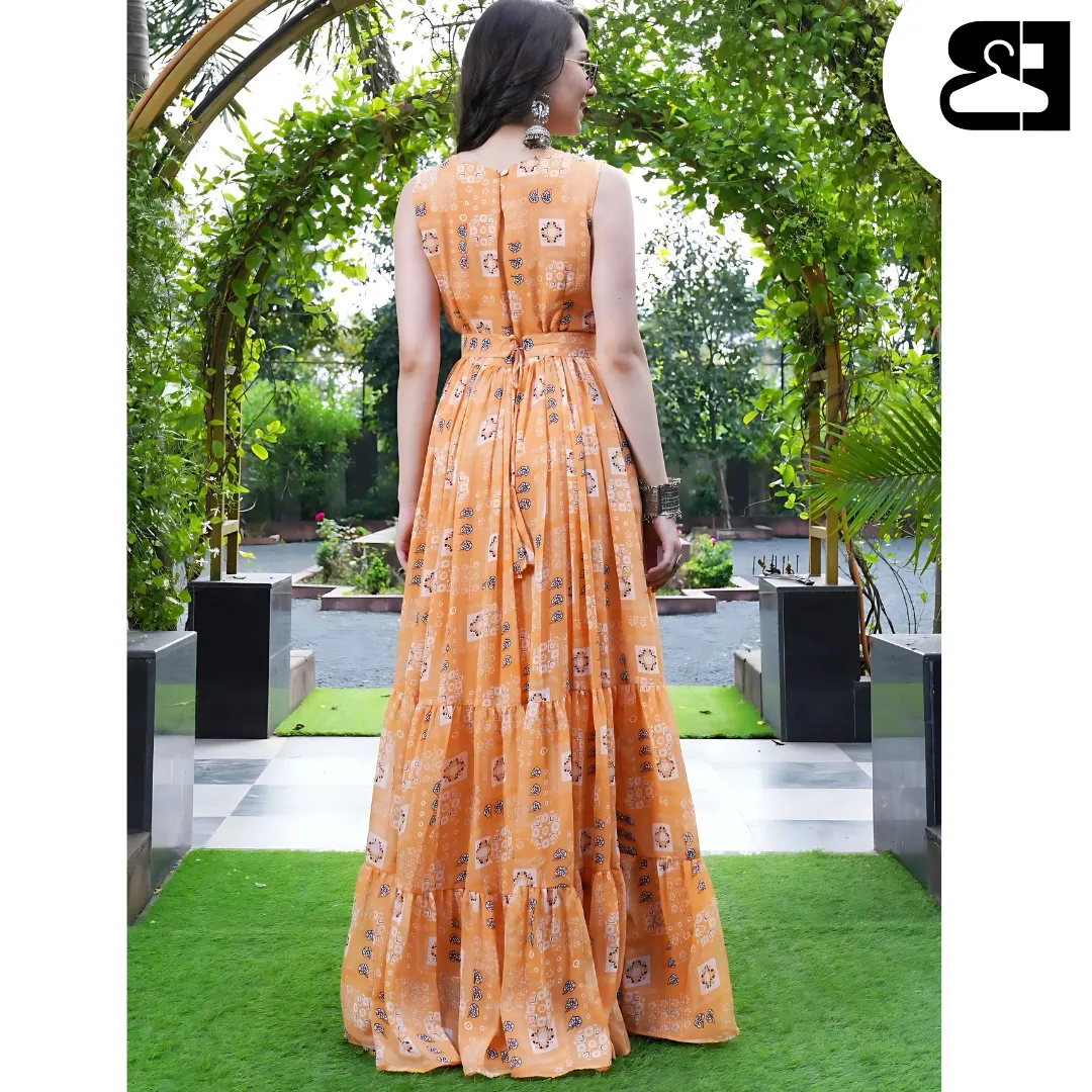 Floral Fit & Flare Georgette Maxi Gown with Belt