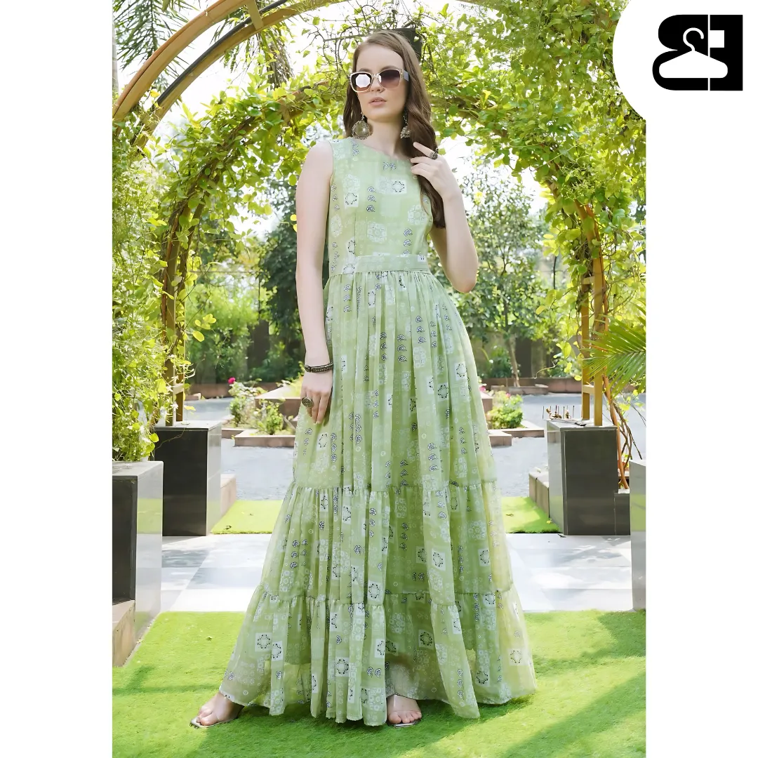Floral Fit & Flare Georgette Maxi Gown with Belt