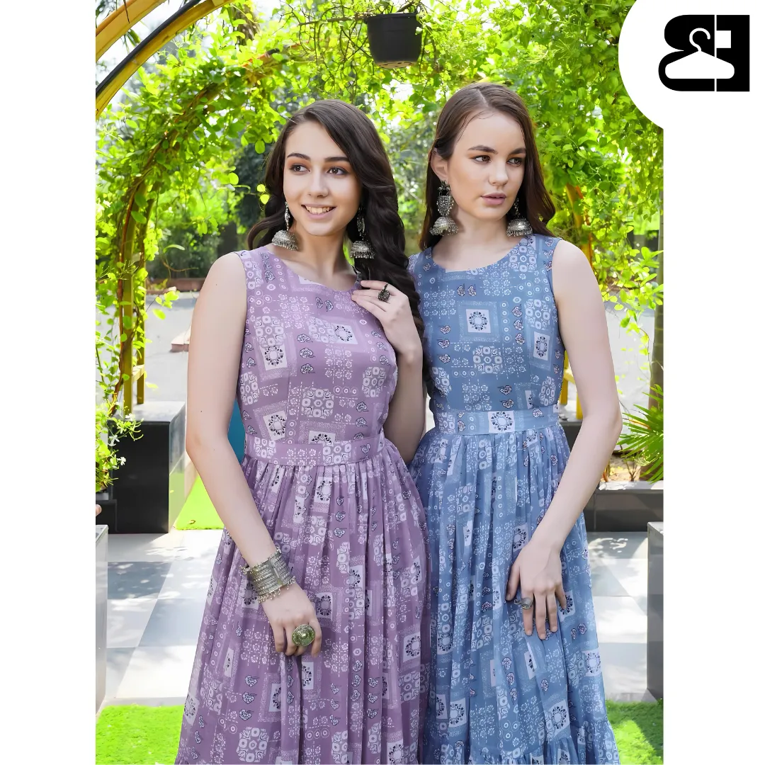 Floral Fit & Flare Georgette Maxi Gown with Belt