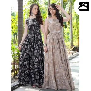 Floral Fit & Flare Georgette Maxi Gown with Belt