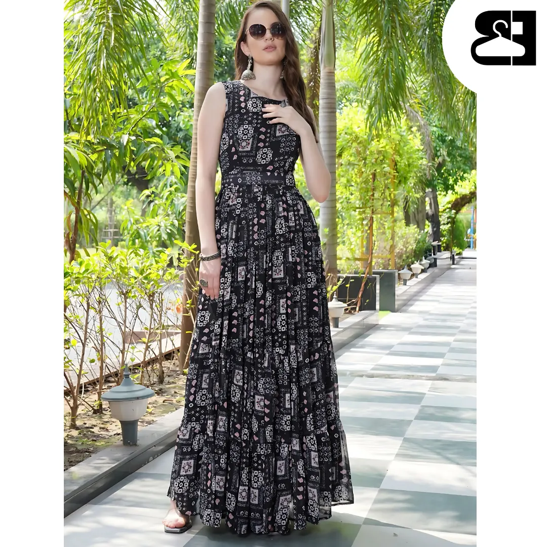 Floral Fit & Flare Georgette Maxi Gown with Belt