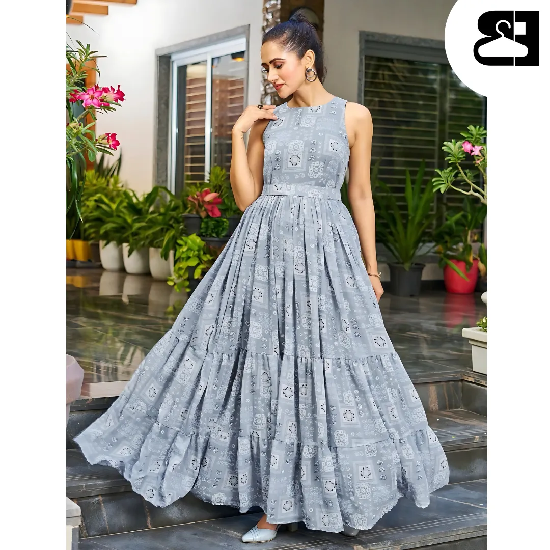 Floral Fit & Flare Georgette Maxi Gown with Belt
