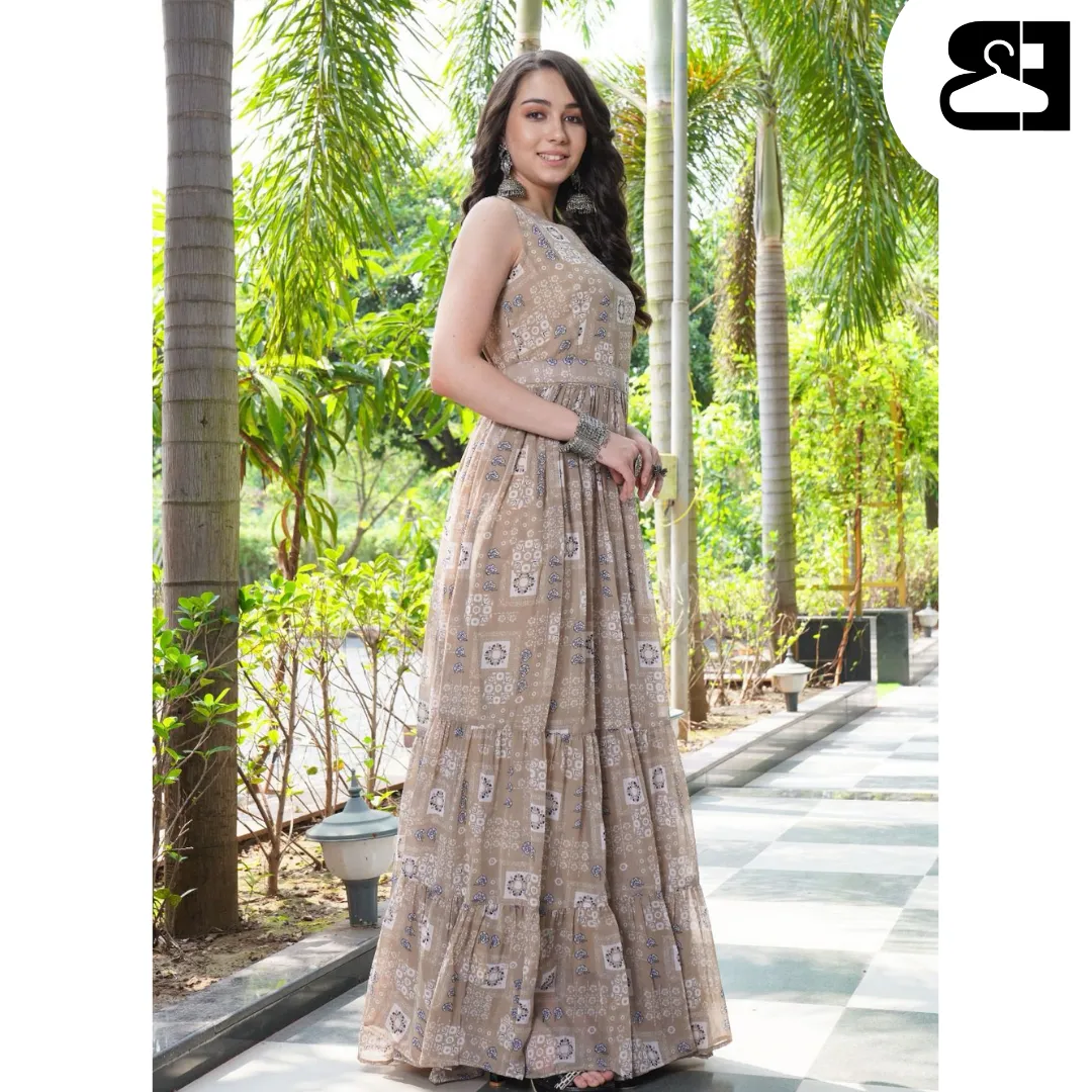 Floral Fit & Flare Georgette Maxi Gown with Belt