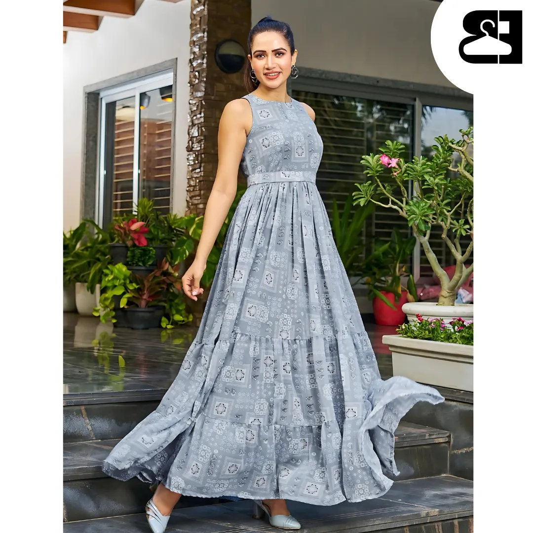 Floral Fit & Flare Georgette Maxi Gown with Belt