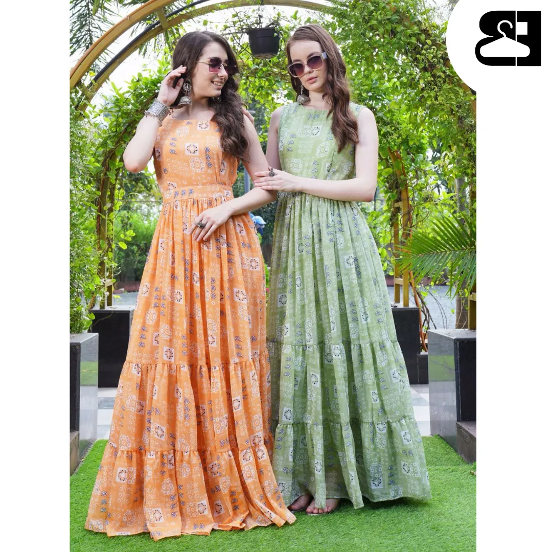 Floral Fit & Flare Georgette Maxi Gown with Belt