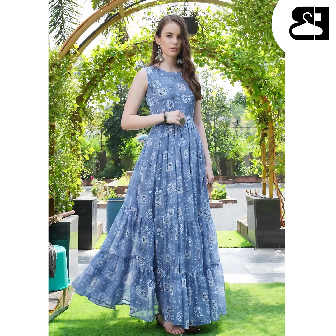 Floral Fit & Flare Georgette Maxi Gown with Belt