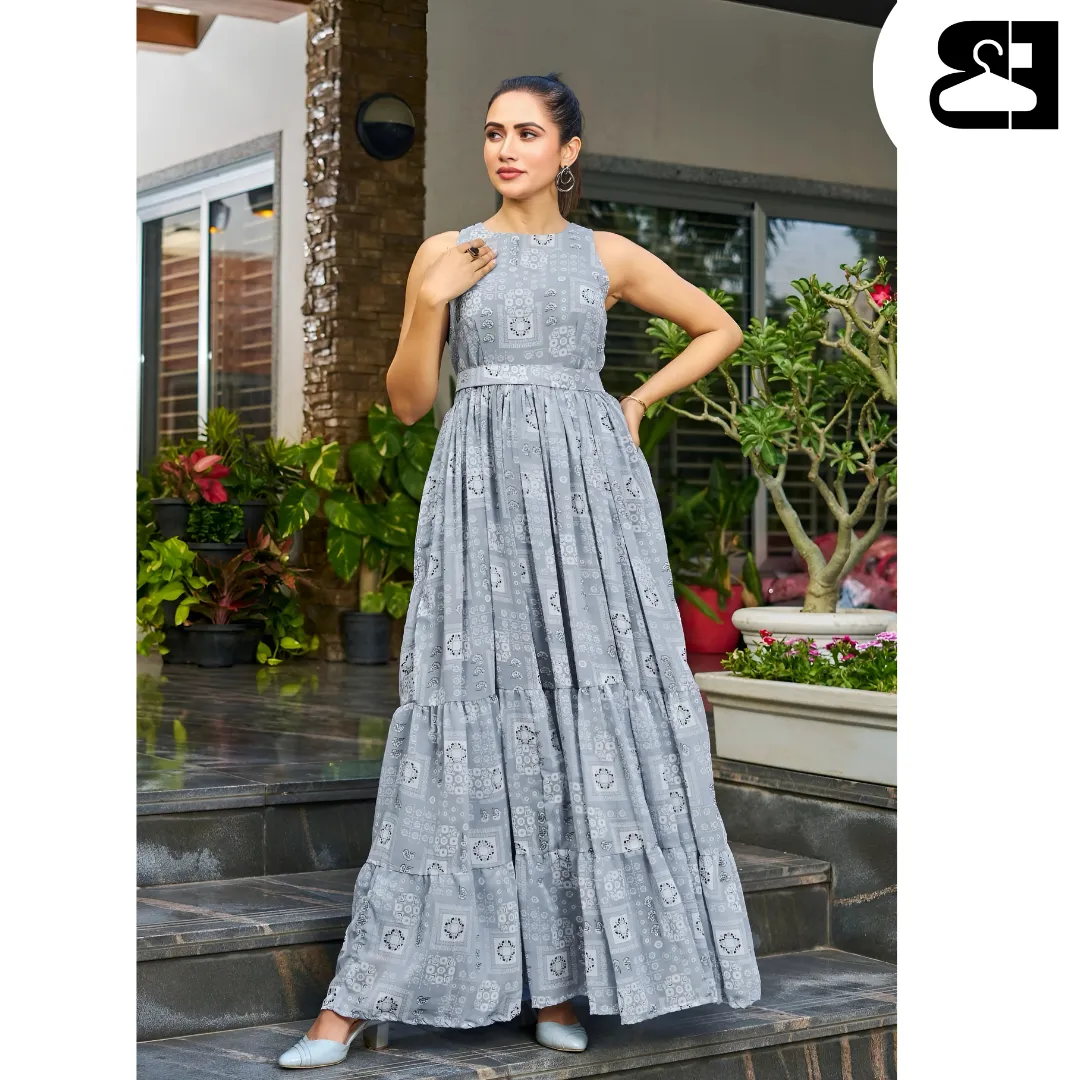 Floral Fit & Flare Georgette Maxi Gown with Belt