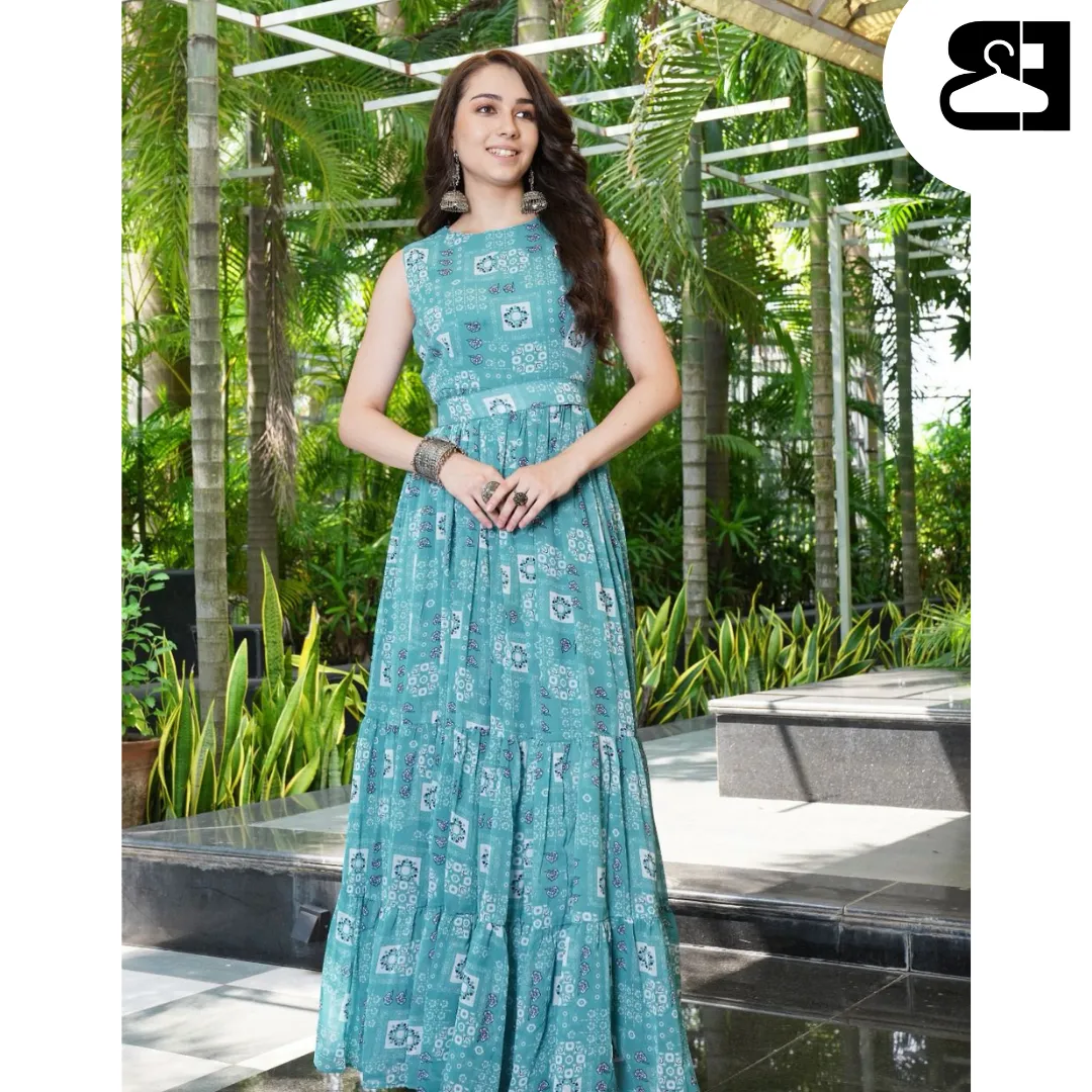 Floral Fit & Flare Georgette Maxi Gown with Belt