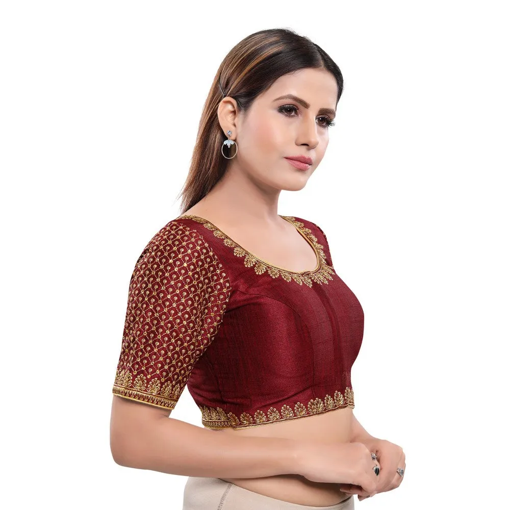 Graceful Dark-Maroon Designer Indian Traditional Round Neck Saree Blouse Choli (KP-230ELB-Dark-Maroon)