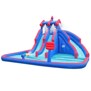 Inflatable Water Park with Large Water Slides and Basketball Hoop