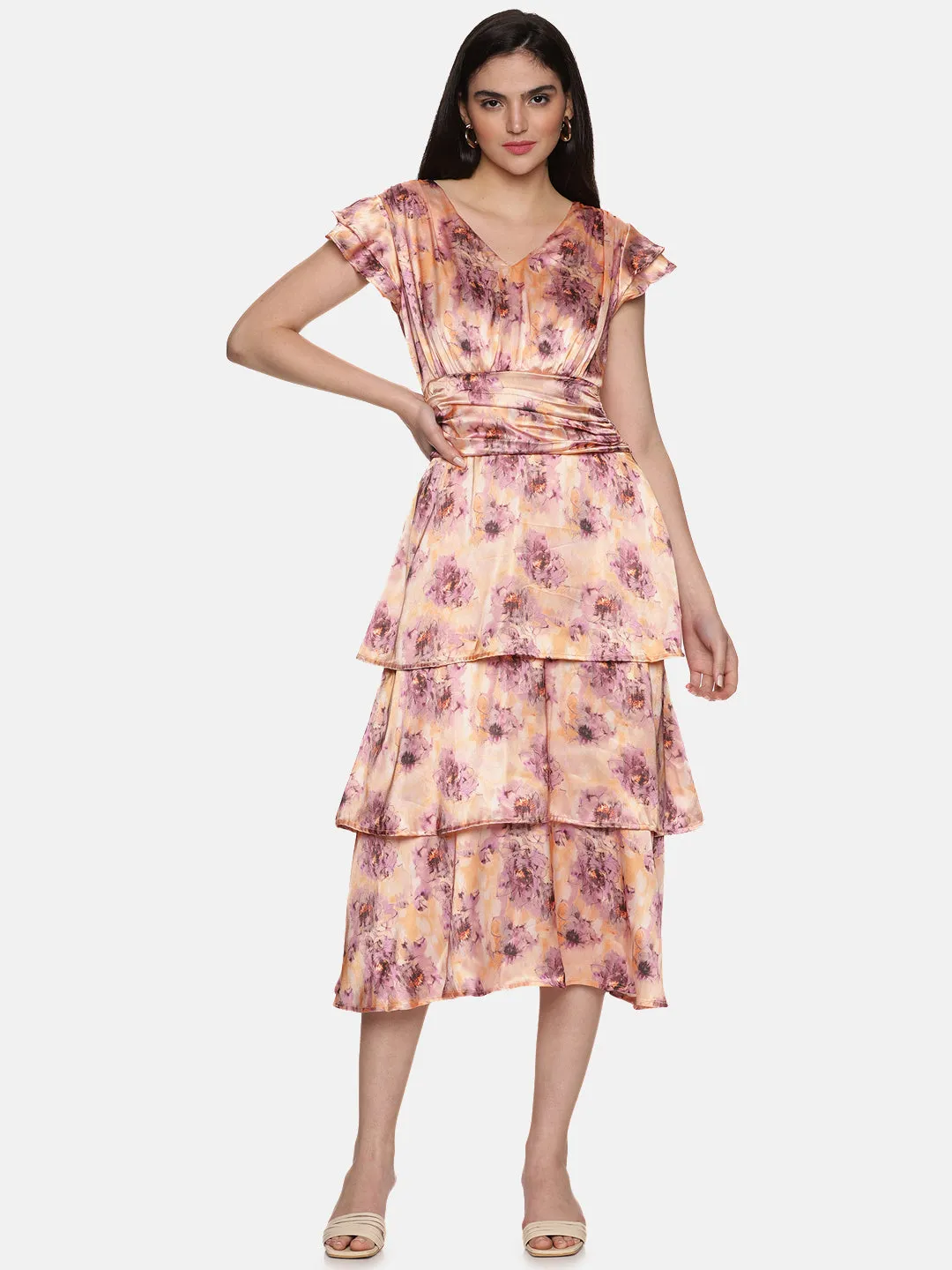 IS.U Floral Peach Three Tier Midaxi Dress