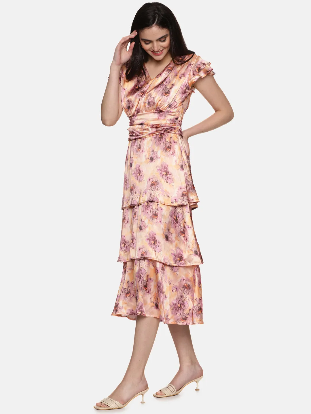 IS.U Floral Peach Three Tier Midaxi Dress