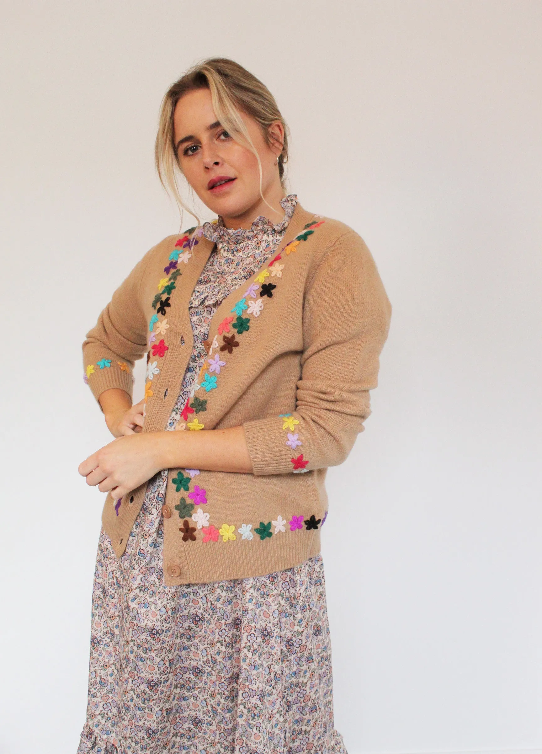 JU Embroidered Cardigan in Camel