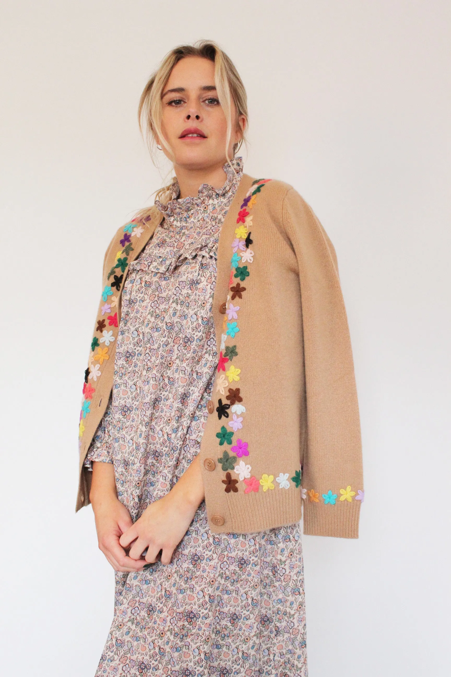 JU Embroidered Cardigan in Camel