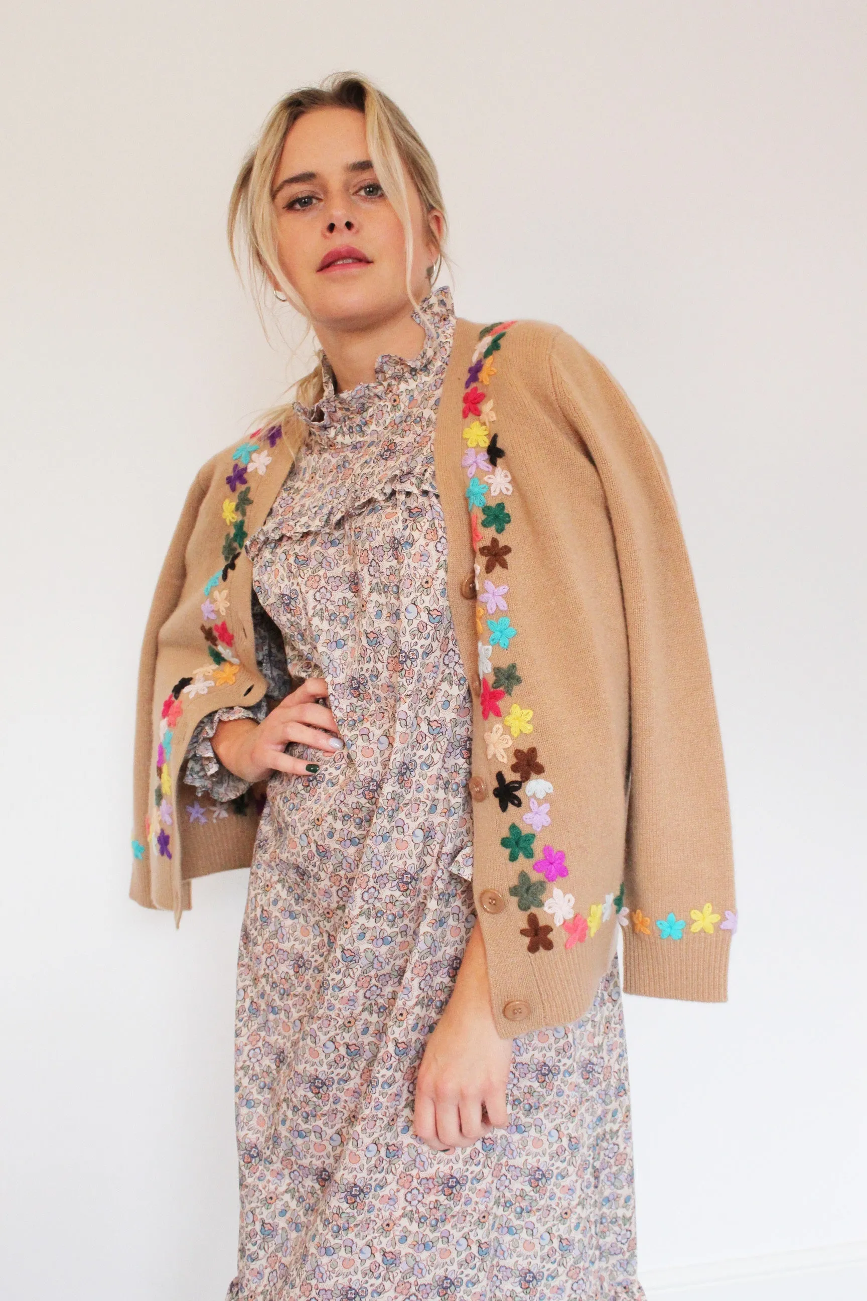 JU Embroidered Cardigan in Camel