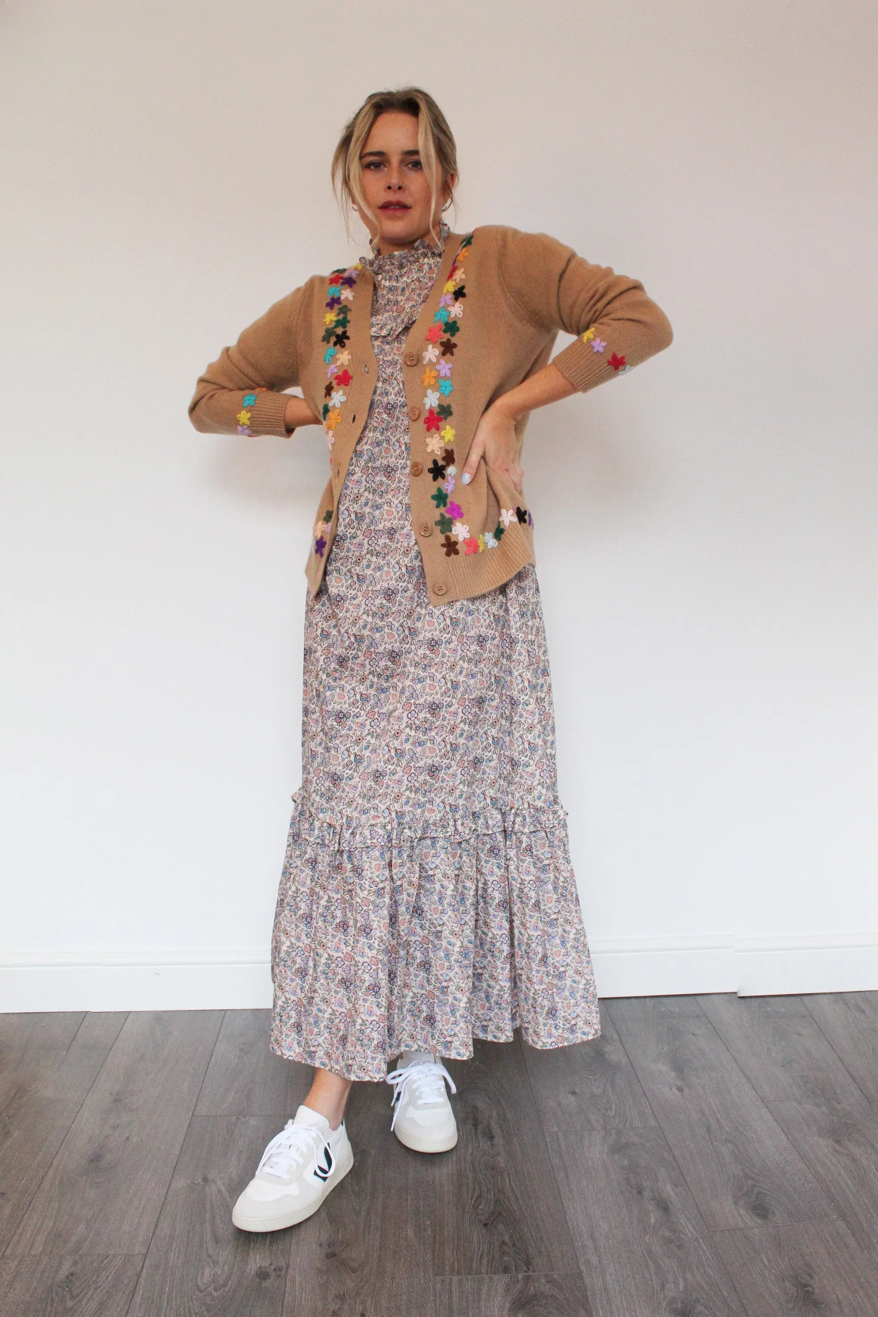JU Embroidered Cardigan in Camel