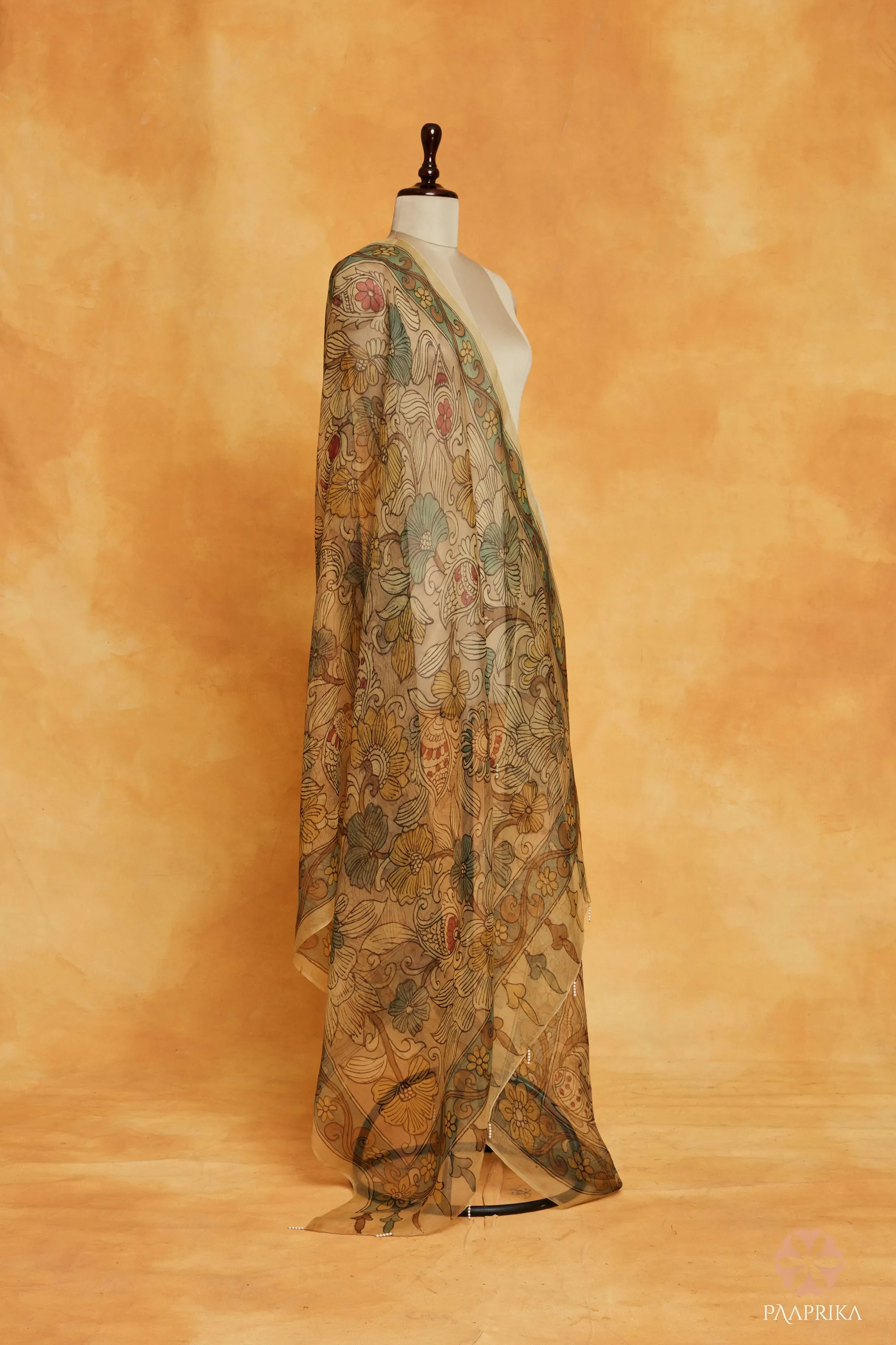 Light Cream Handpainted Floral Organza Dupatta