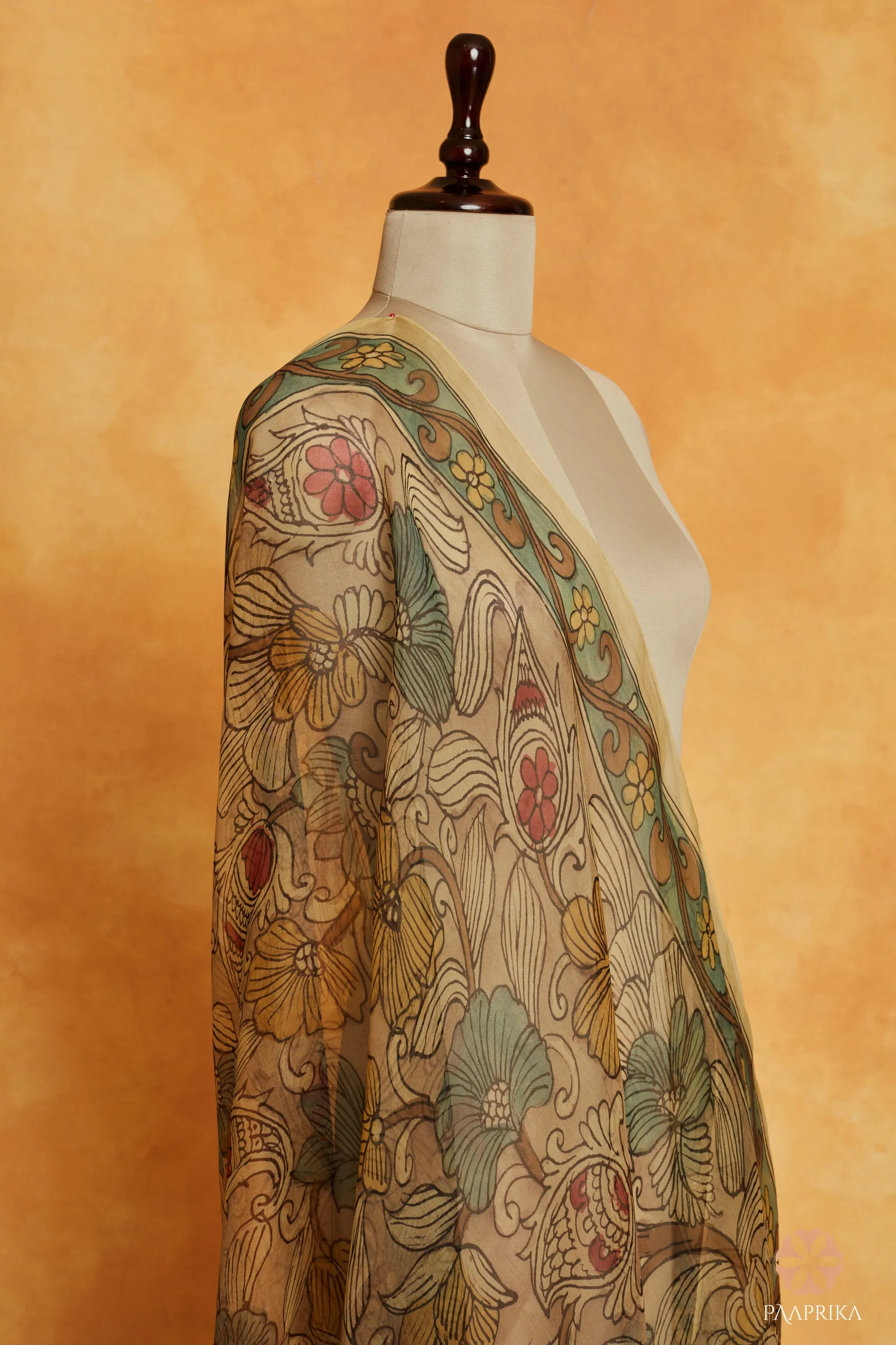 Light Cream Handpainted Floral Organza Dupatta