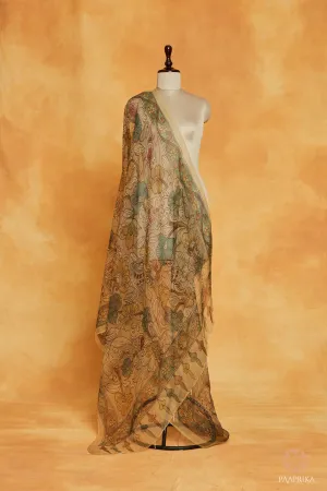 Light Cream Handpainted Floral Organza Dupatta