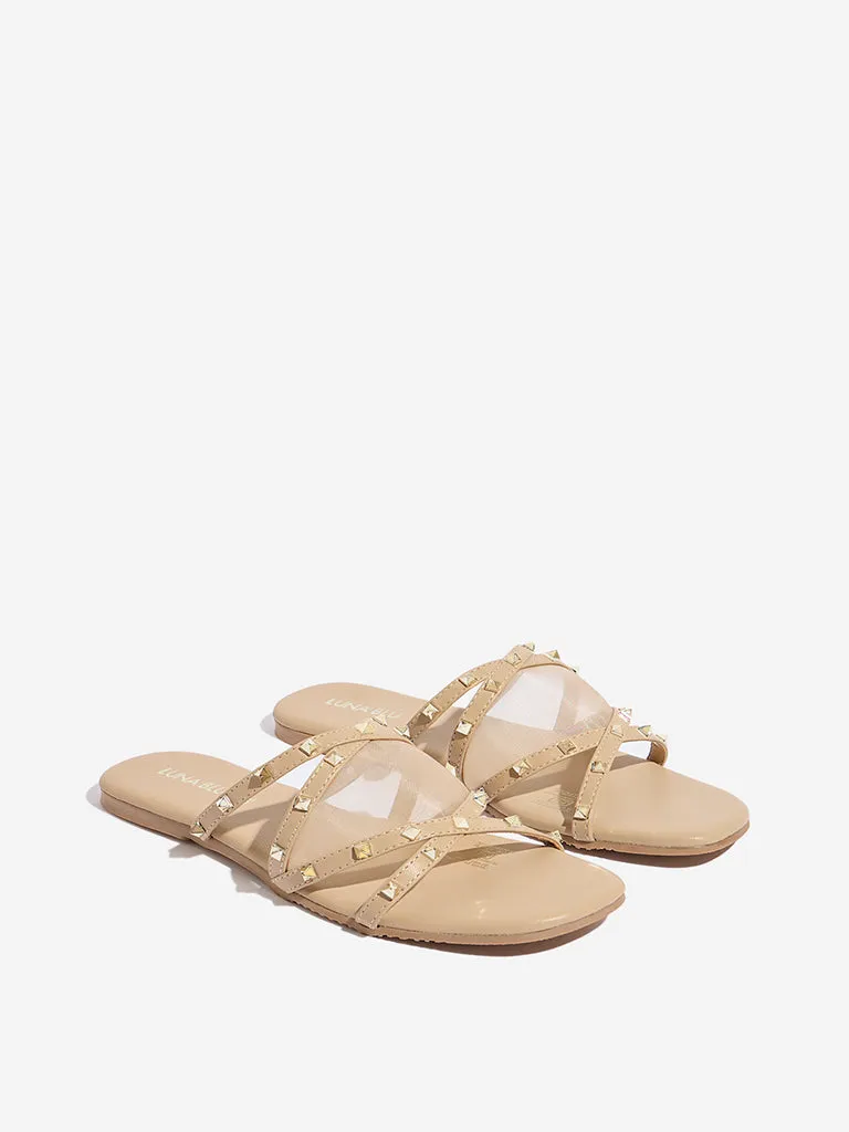 LUNA BLU Beige Mesh Pyramid-Designed Slides