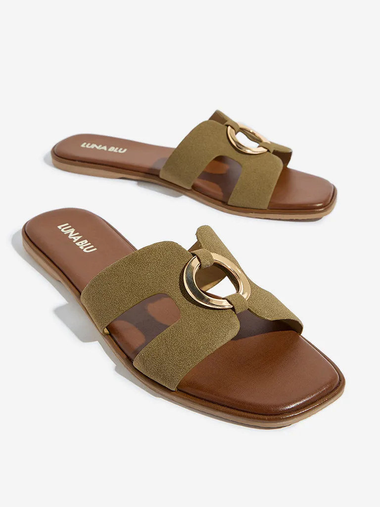 LUNA BLU Olive Cut-Out Detailed Buckled Slides